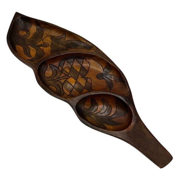 Vintage Monkey Pod Wood Leaf Serving Dish – 3 Section Hand-Carved Pineapple Tray - Picture 1 of 6